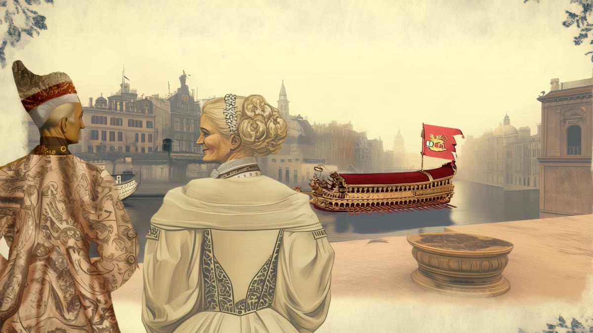 Film still: two Renaissance women watching the Bucintoro on the water