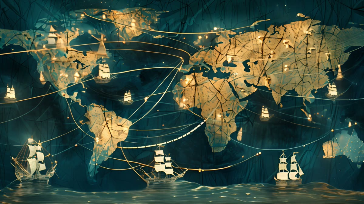 Film still: a glowing world map with ships and trade routes