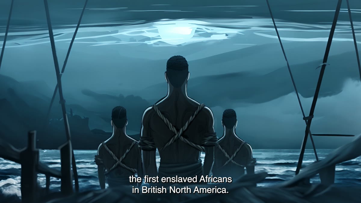 Film still: departure from an African port