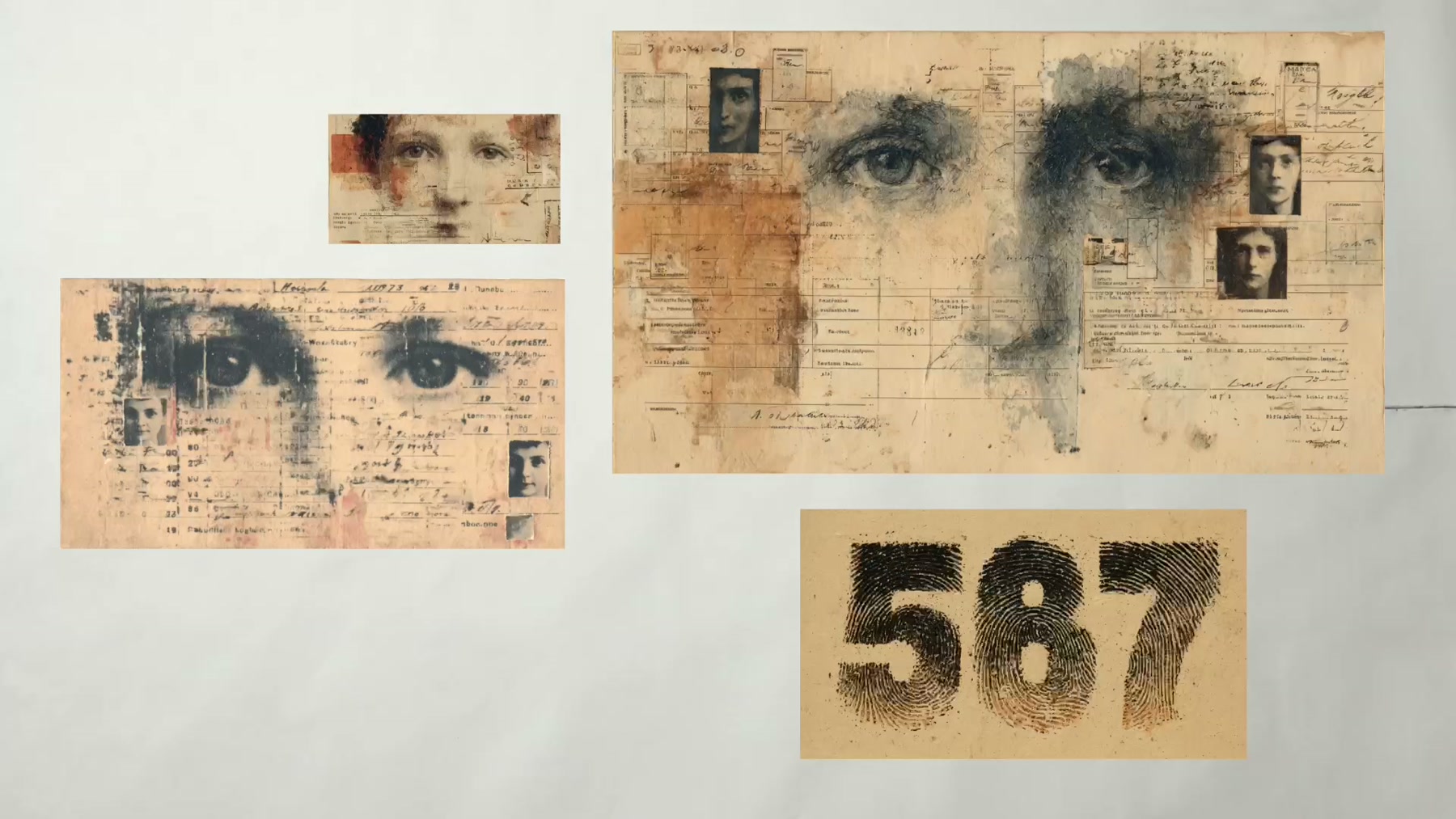Film still: a pair of eyes assembled from fingerprint texture beside the printed number 587