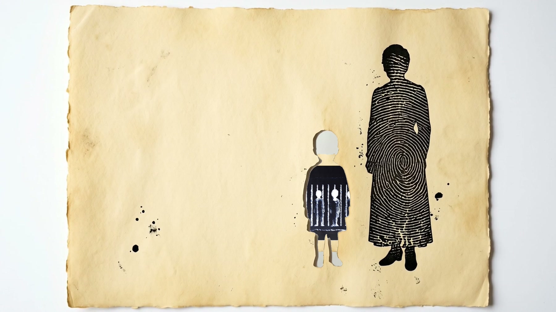 Film still: two cut-paper figures on aged paper, a woman in a patterned dress and a small child, the child's face left blank