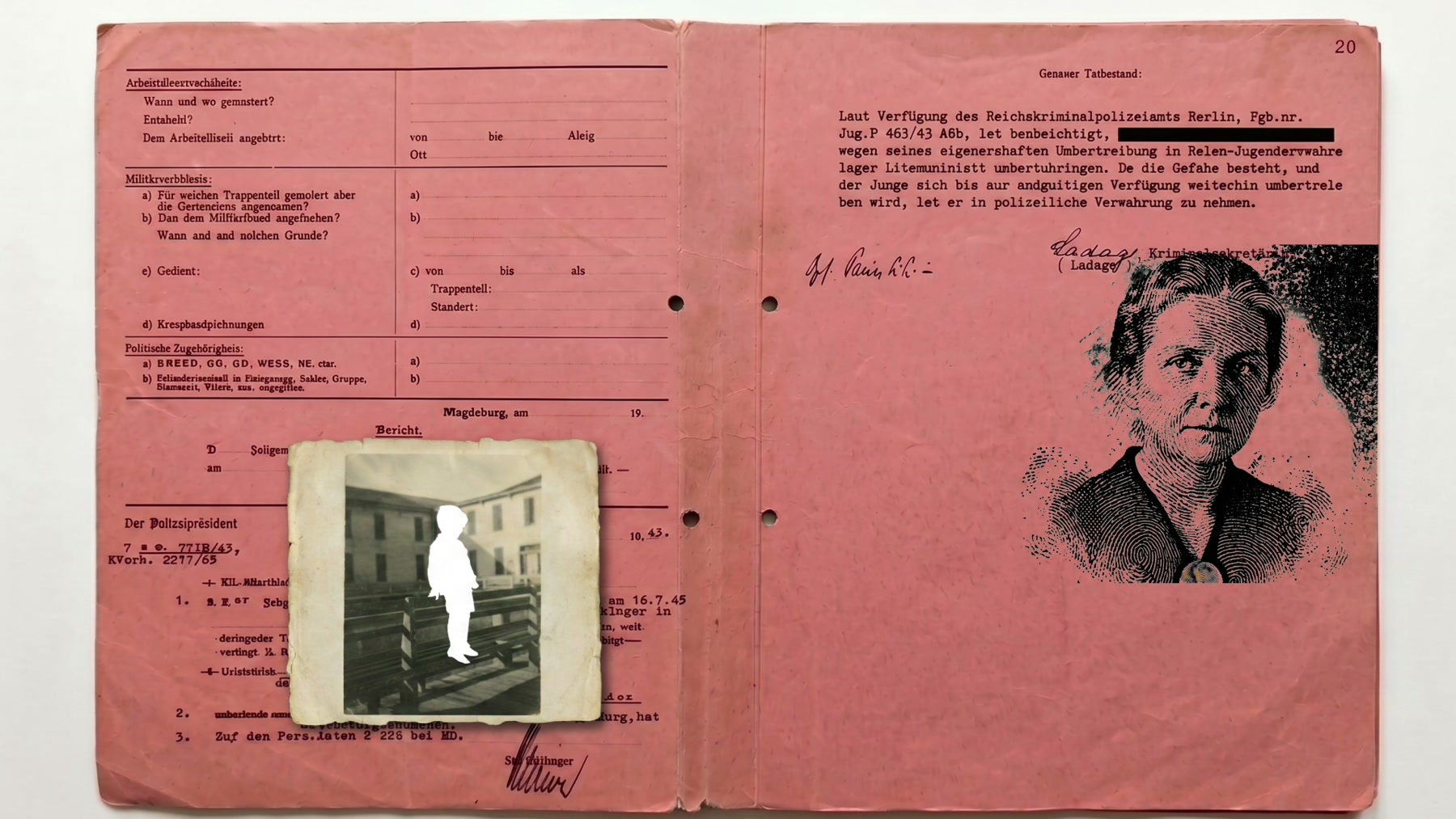 Film still: a woman's photographic portrait set into the fields of the pink police file