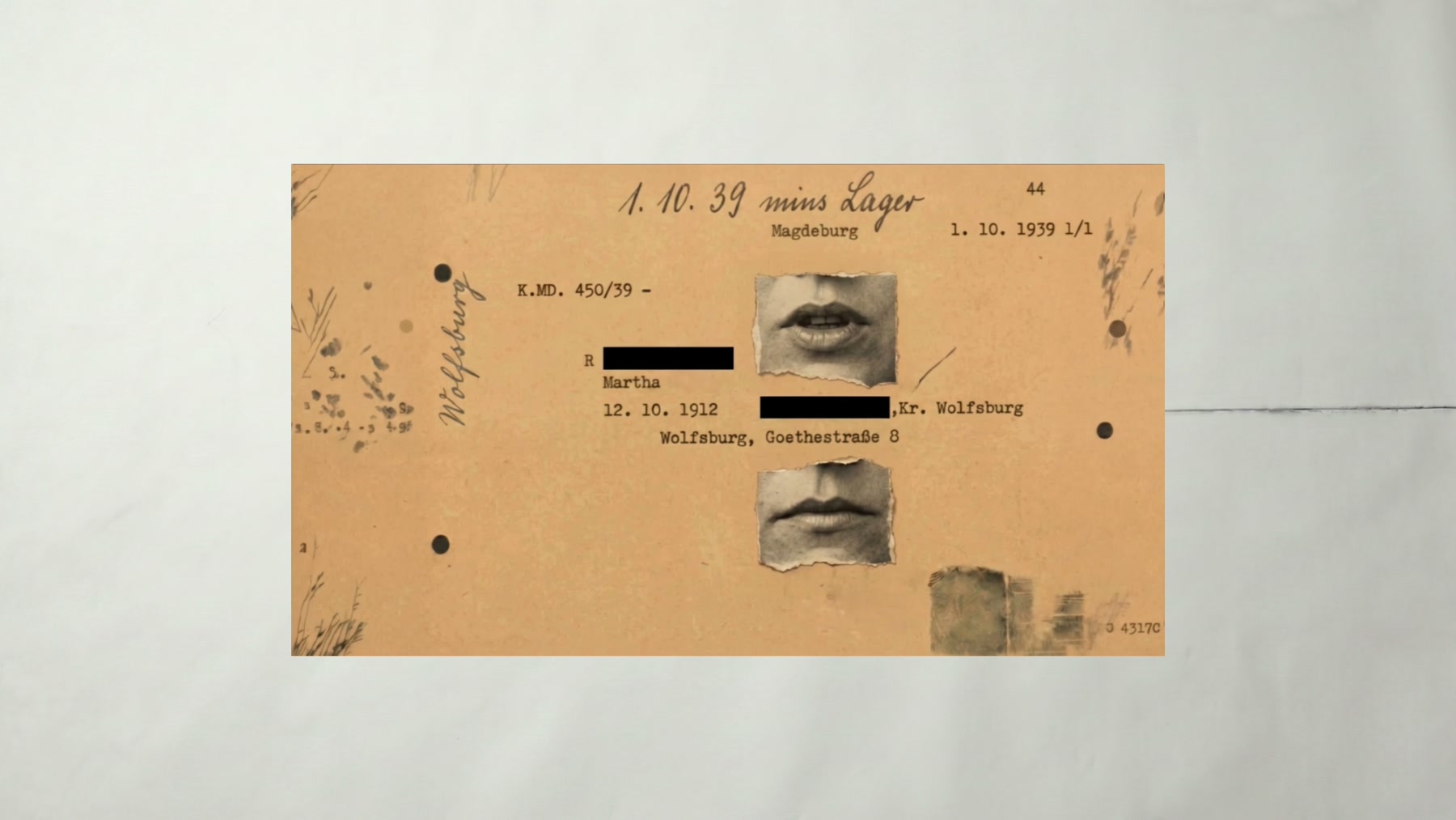 Film still: a transport certificate with a pair of torn photographic eyes placed within its data fields