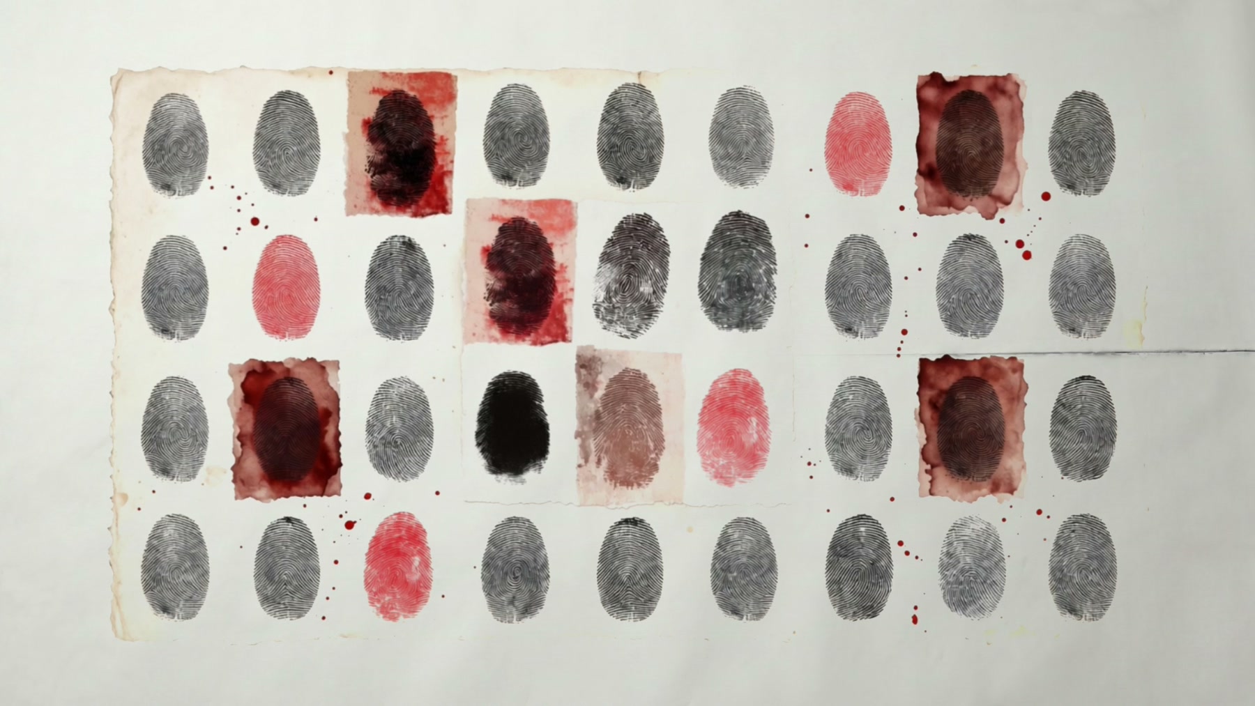 Film still: a grid of grey fingerprints with several stamped in deep red