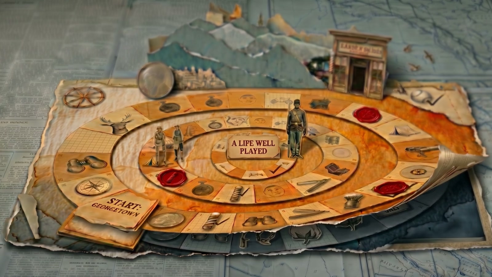 Film still: the centre of the board reading A Life Well Played