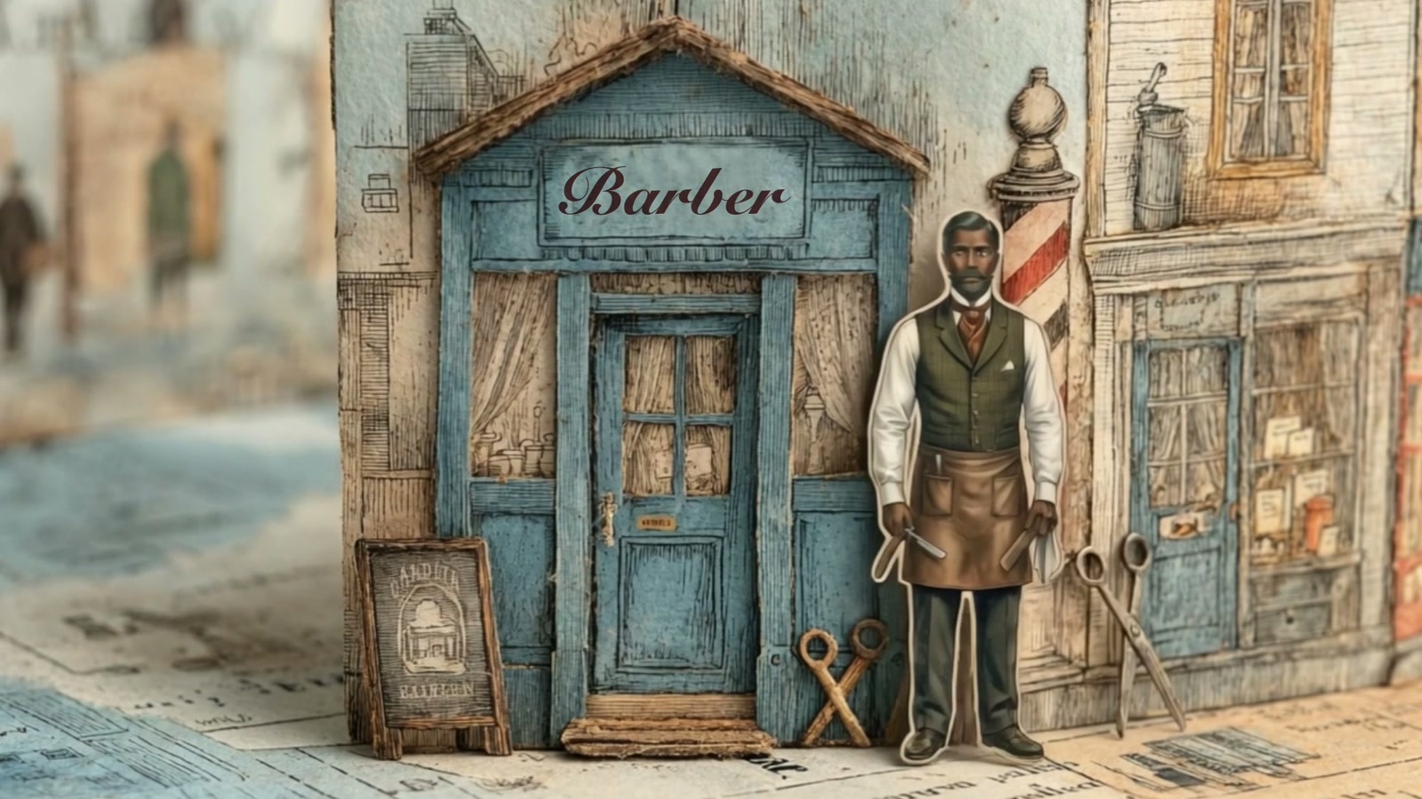 Film still: a Black man in an apron standing in the doorway of a barber shop
