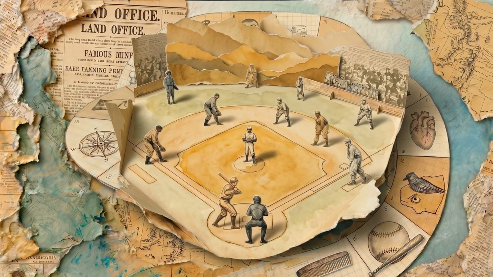 Film still: a baseball diamond built on the game board with Black and white players on the field