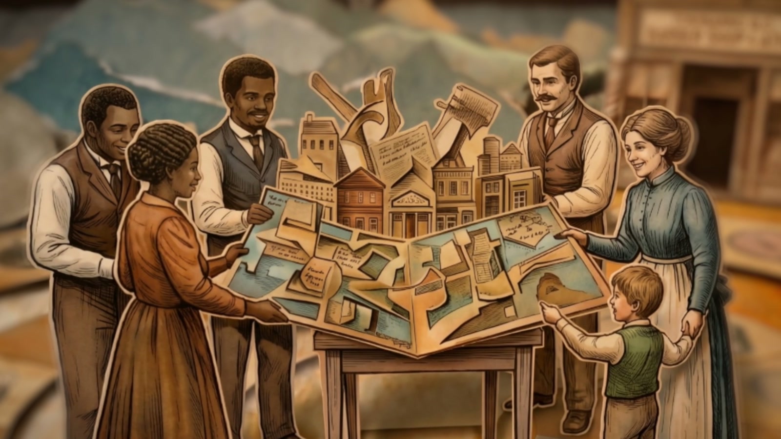 Film still: settlers around a pop-up map of a mountain town