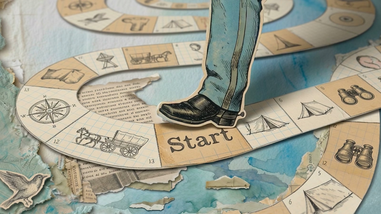 Film still: a boot stepping onto a square marked Start on a board-game track