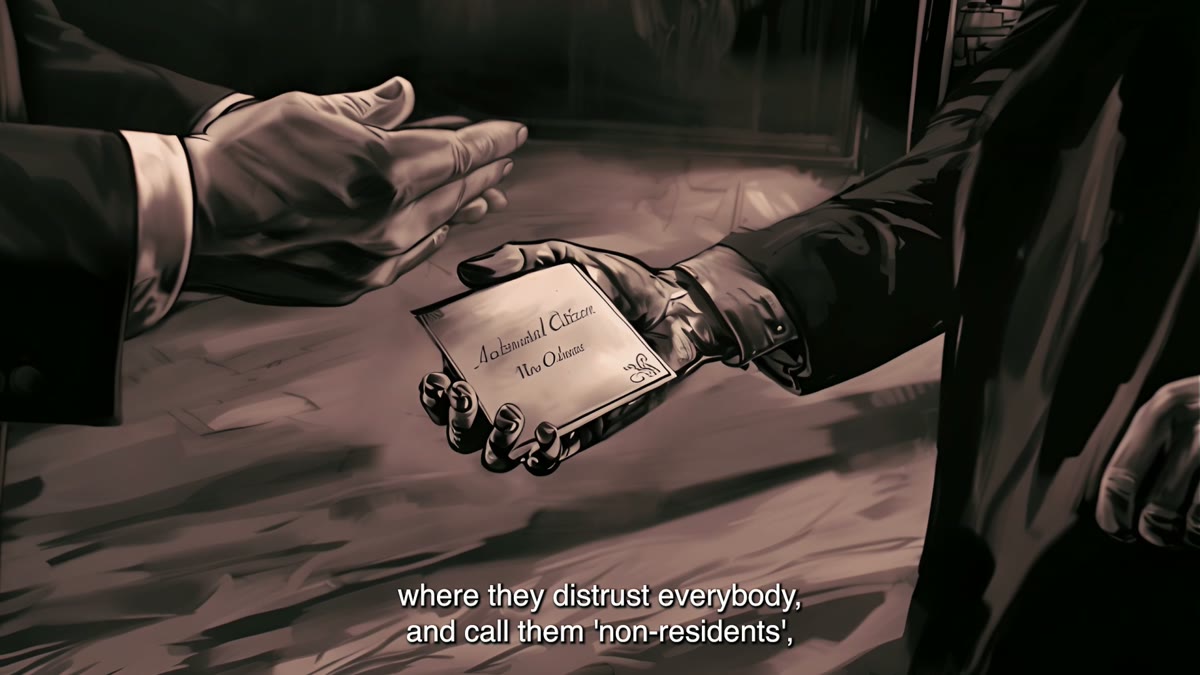 Film still: a hand passing an 'Acclimated Citizen' card