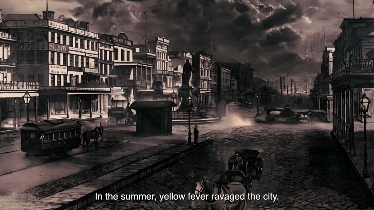 Film still: an animated 1850s New Orleans street under a dark sky