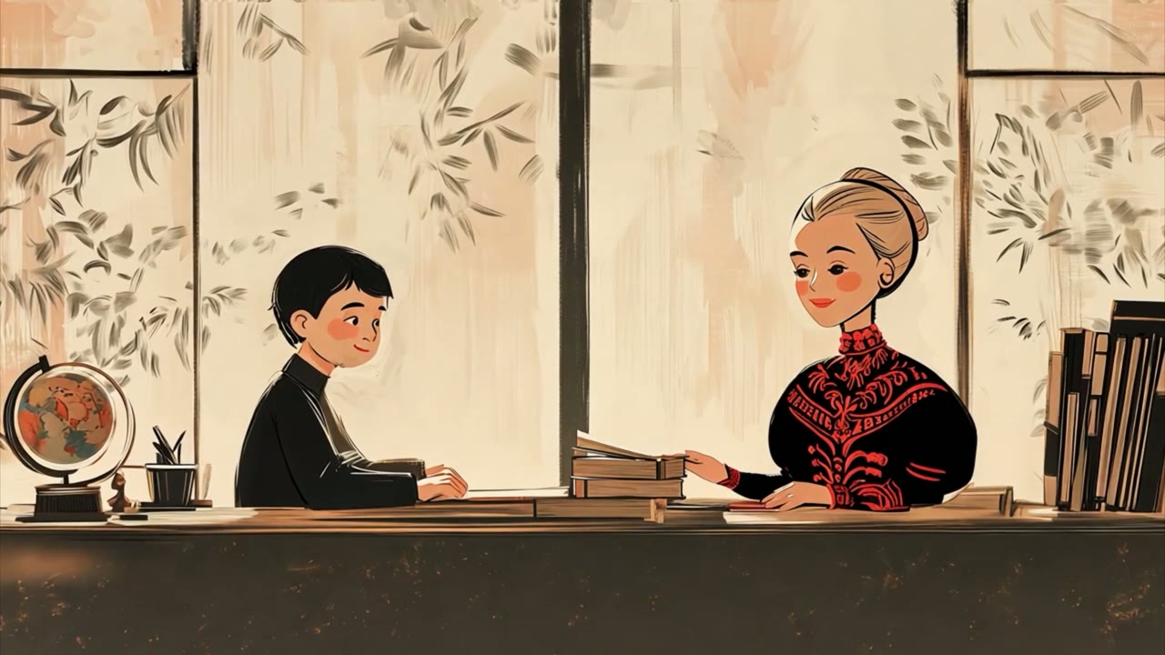 Film still: a young boy taught by an aristocratic woman at a desk
