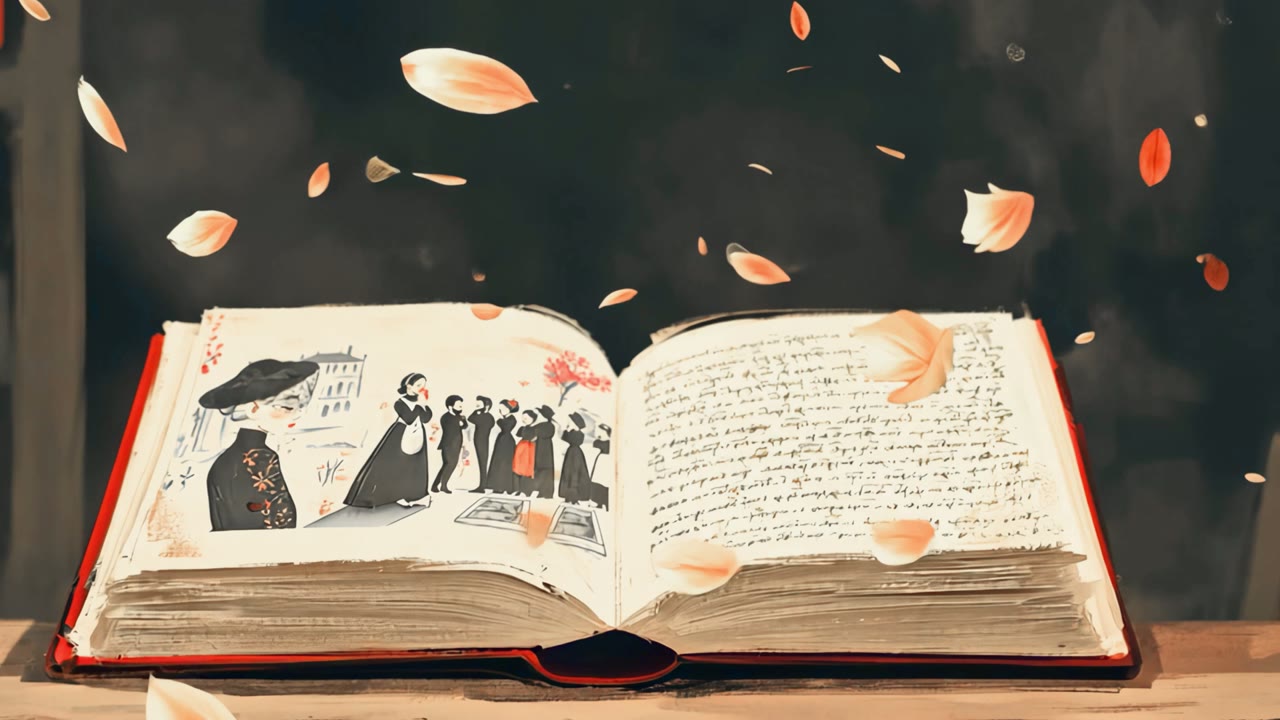 Film still: an open book illustrating the story, petals falling