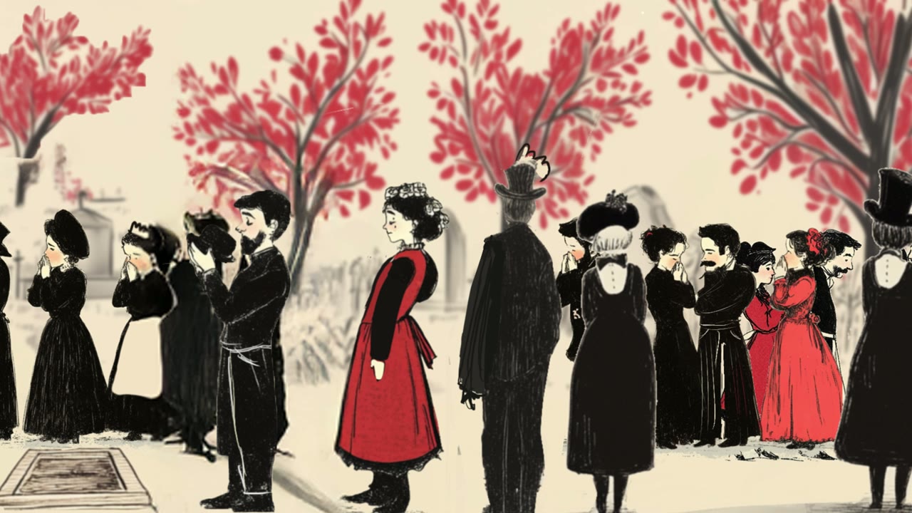 Film still: a funeral procession, one figure in red among mourners in black