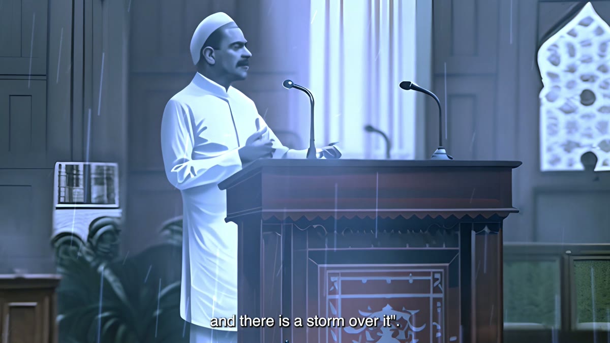 Film still: a Nehru-cap-wearing speaker at a wooden podium