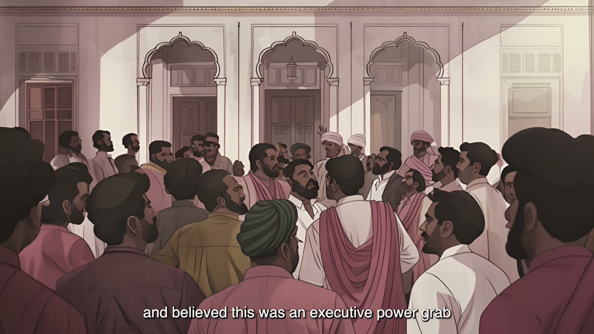 Film still: crowd inside a colonnaded chamber