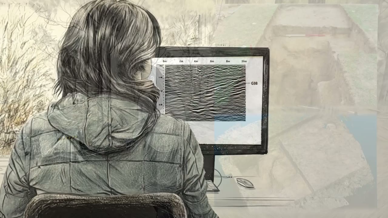 Film still: an archaeologist reading a ground-penetrating radar scan on a screen