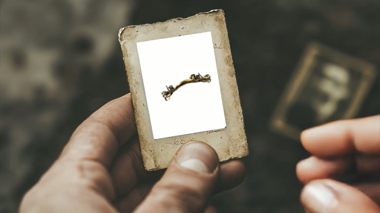 Film still: a small recovered object held on a card