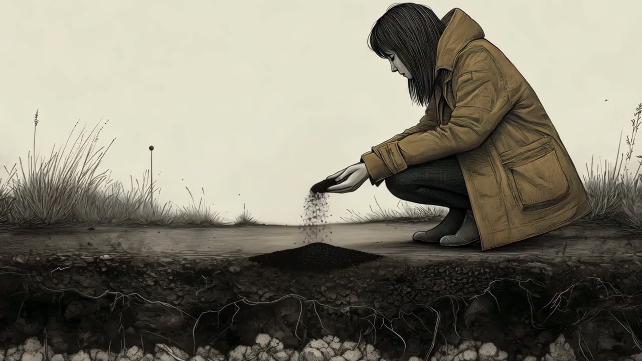 Film still: an archaeologist crouching, letting soil fall gently from her hand
