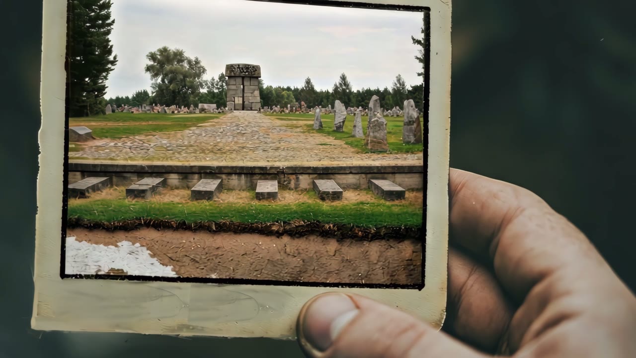 Film still: a photograph of the Treblinka memorial held over the earth