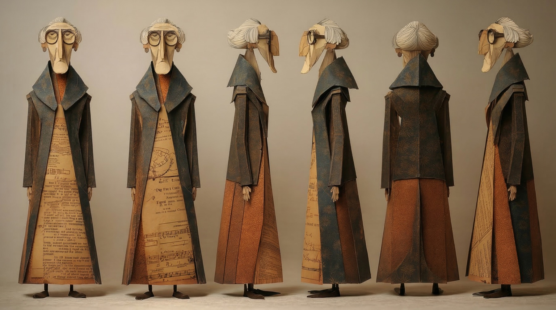 Character turnaround: the archivist in several views, coat of document paper and a dress lined with sheet music