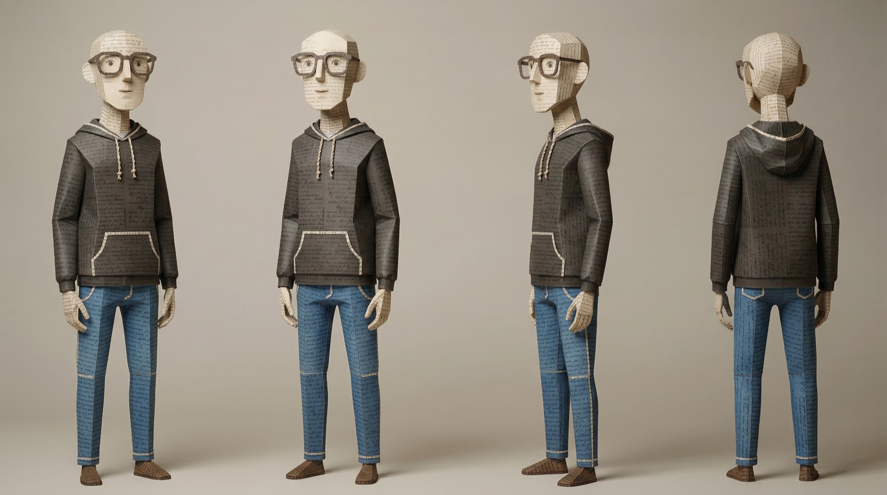 Character turnaround: the researcher in four views, skin and clothes made of handwritten paper