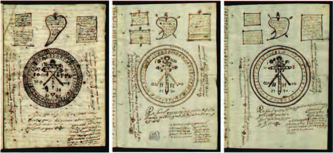 Three pages of protective cosmograms from the Pereira Inquisition trial documents