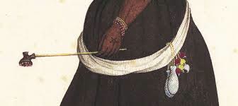 Colonial illustration of a bolsa de mandinga worn against the body on a cord