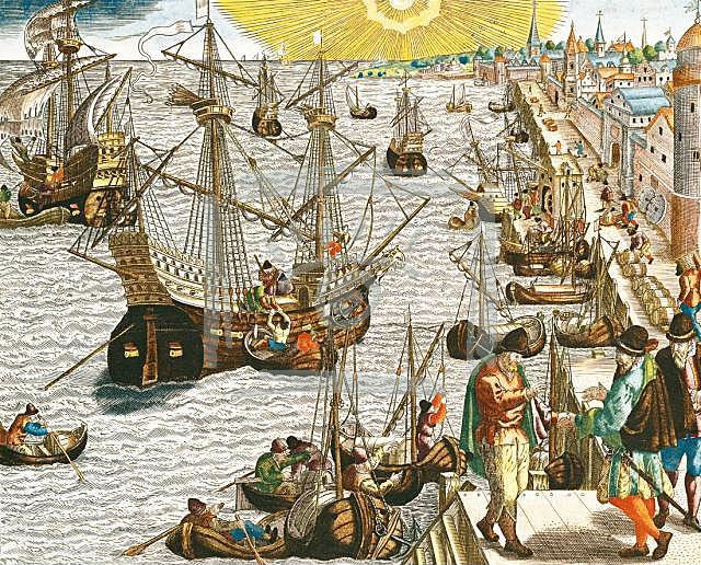 Hand-coloured engraving of ships departing Lisbon harbour
