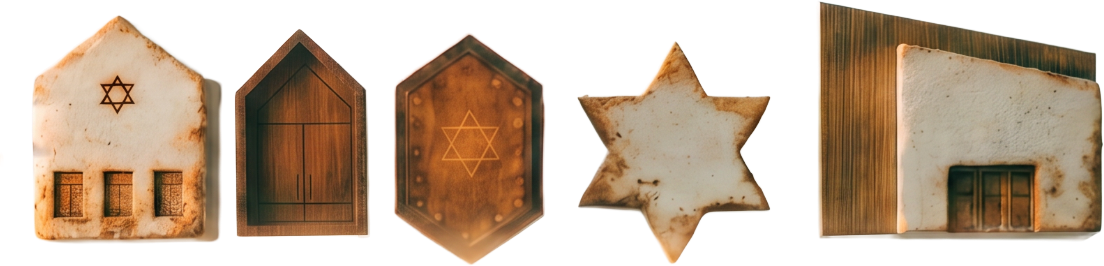 A row of five small illustrated Jewish buildings across history, on transparent ground: a wooden synagogue with Star of David, a wooden door form, a hexagonal repository with star, a Star of David made structural, an arcaded prayer hall.