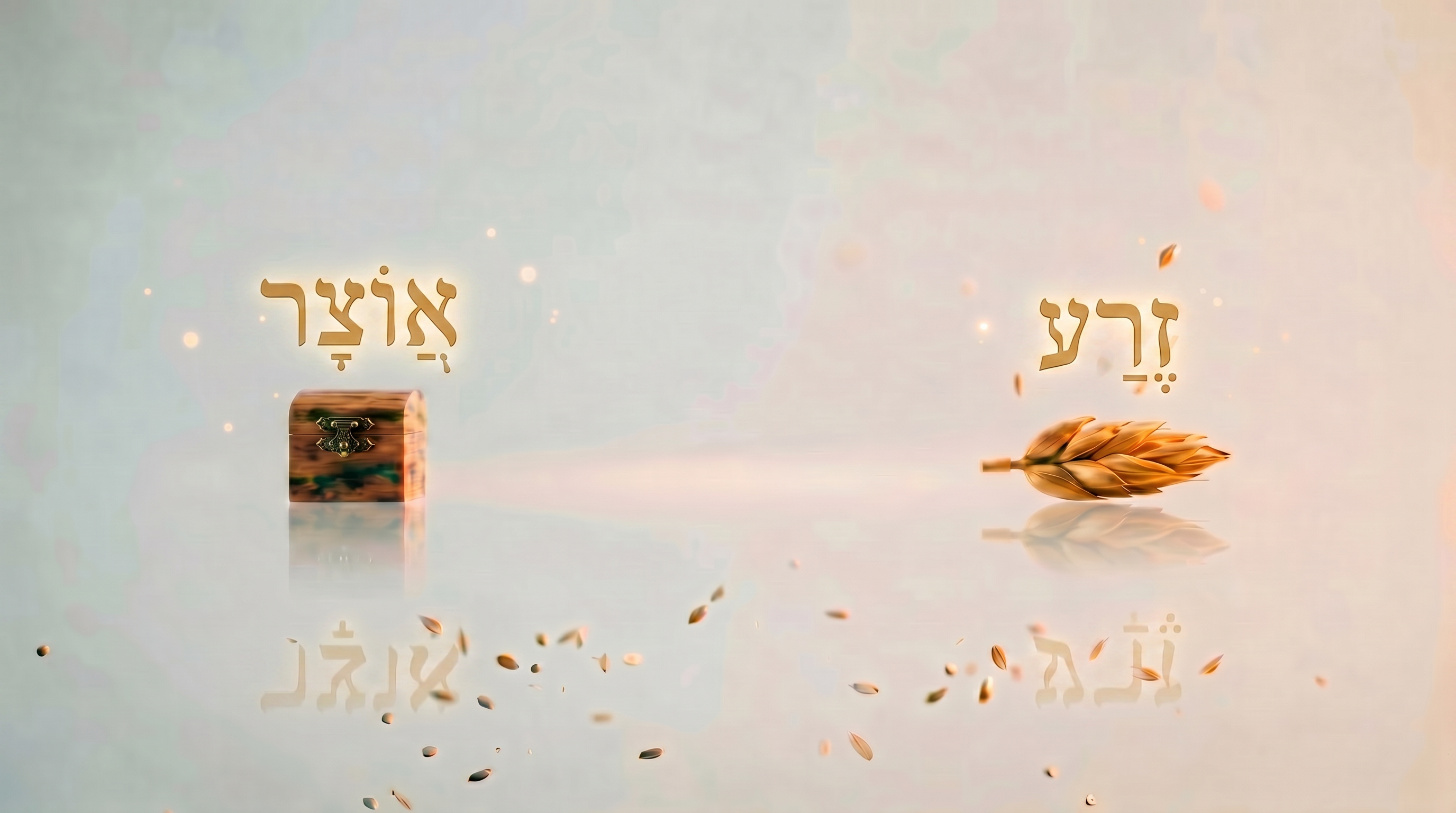 The film's etymology shot: a treasure chest labelled אוֹצָר on the left, a wheat ear labelled זֶרַע on the right. Otzar and Zera, side by side, the compound that gives the initiative its name.