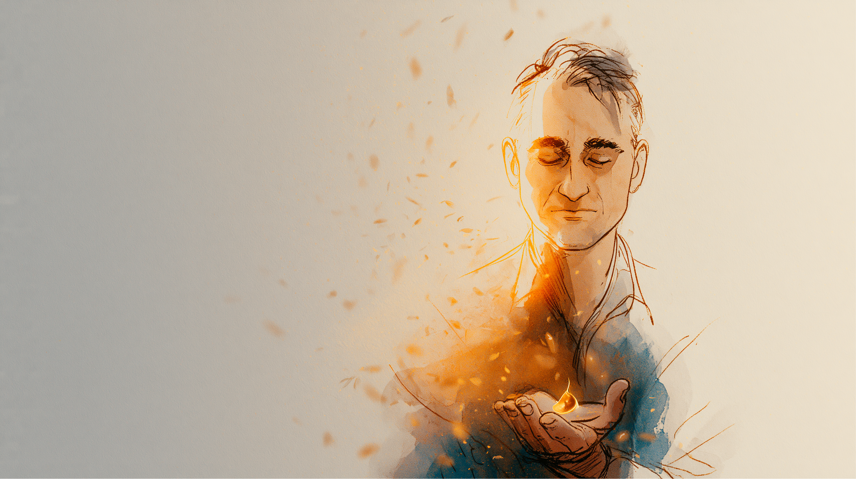 An illustrated portrait of Serge Touati, eyes closed, cupped hands holding a glowing ear of wheat and a swirl of golden ember. Watercolor on a near-white ground.