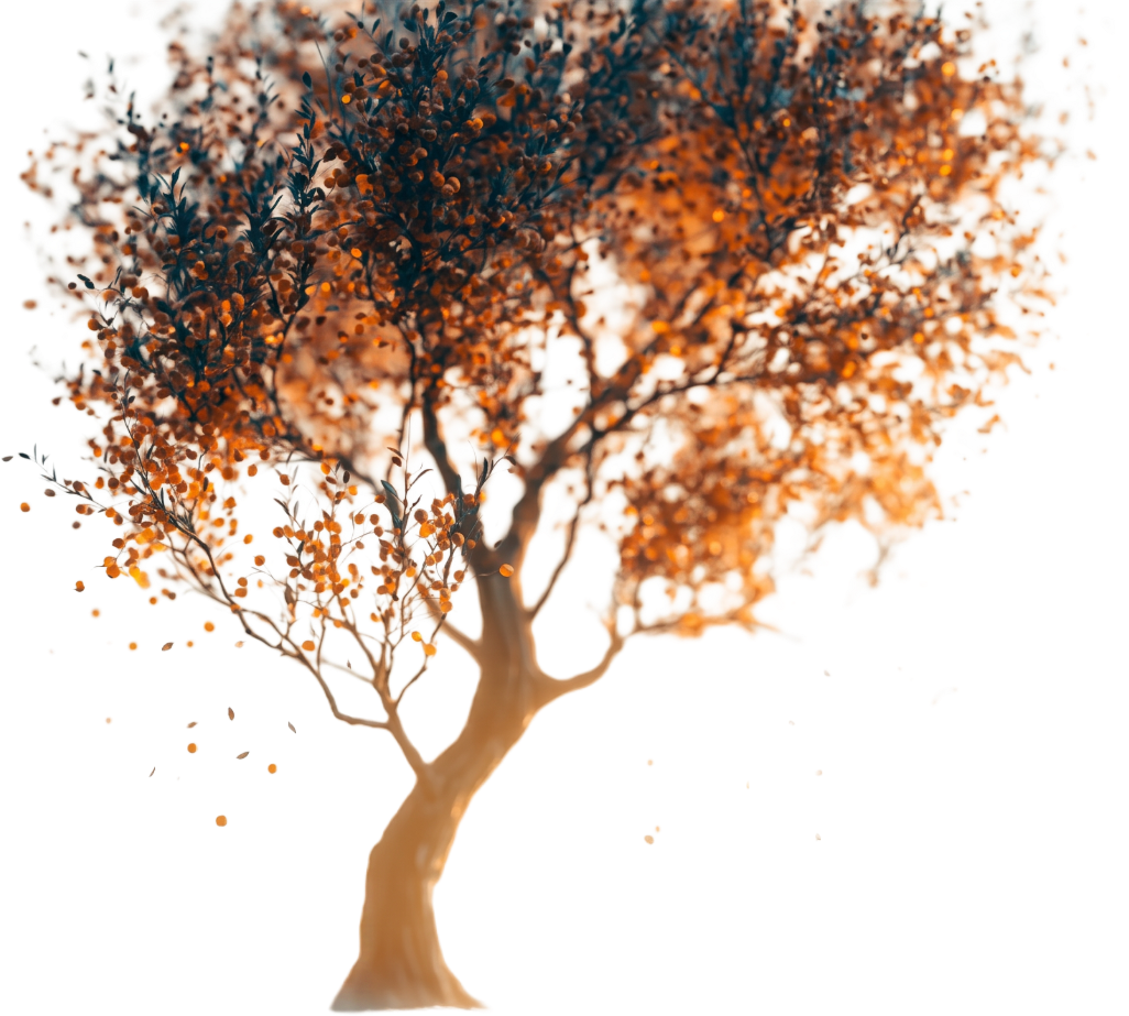 The Tree of Life, autumn-leaved, its leaves dispersing in a long swirling arc. Transparent ground. The film's closing visual gesture, as the studio brought it.