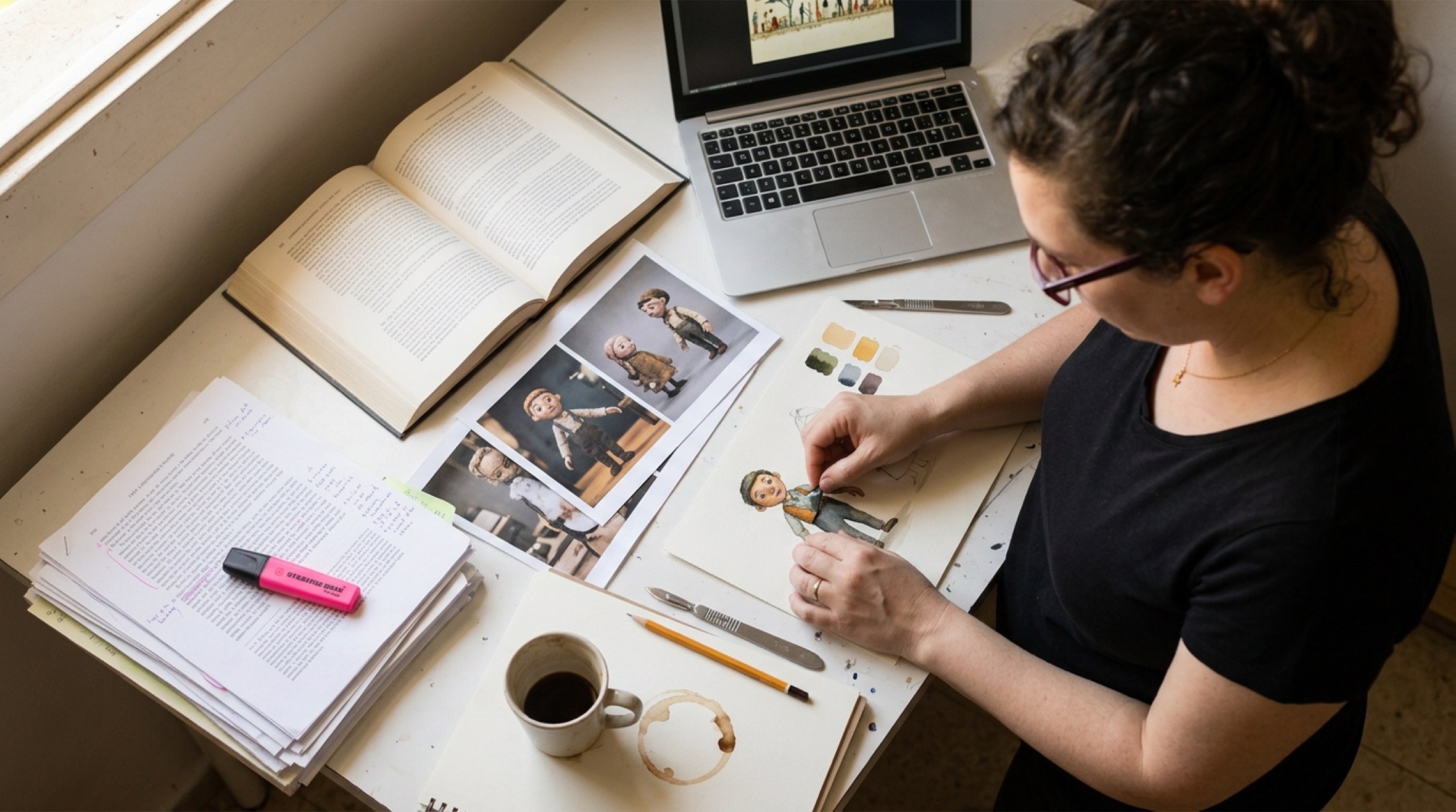 Daniella Koffler at a desk with an open book, annotated papers, printed frames and a cut-out character