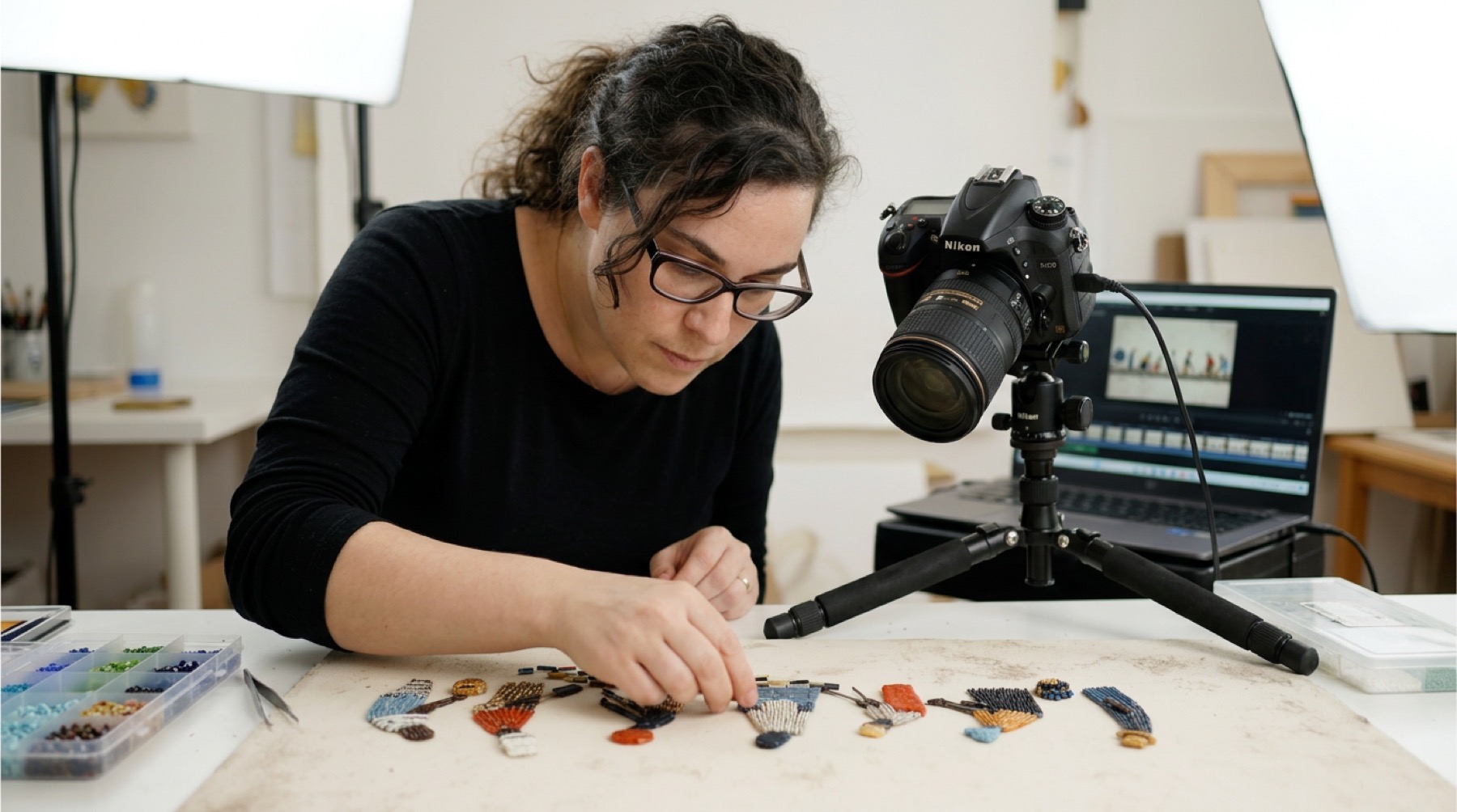 Hands arranging small cut illustrated pieces on a lit table beneath a camera in the studio