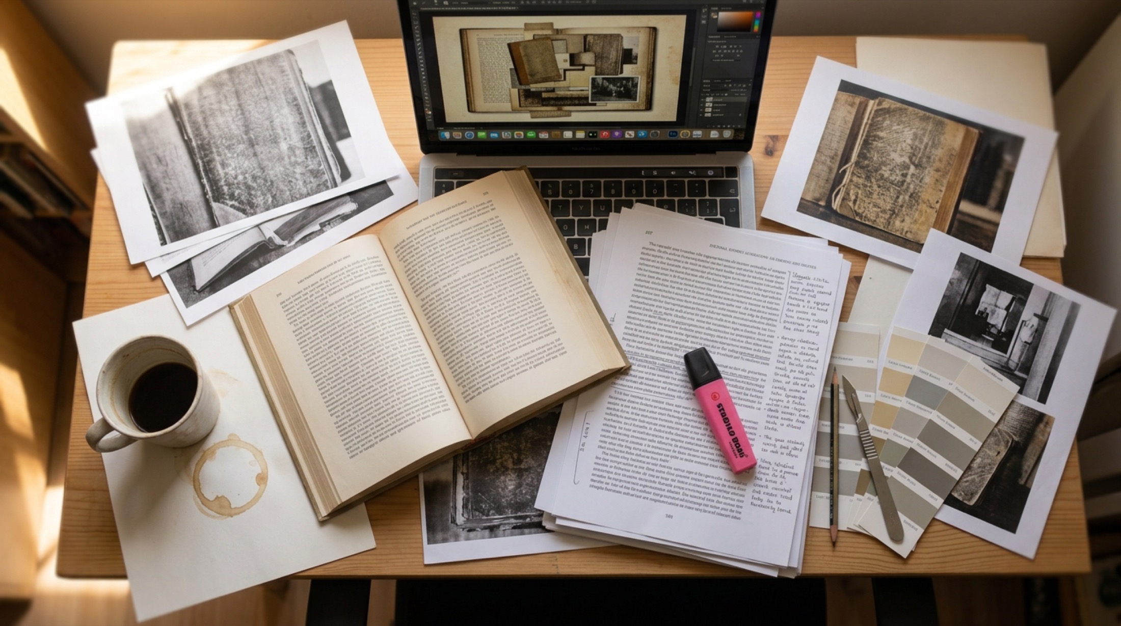 A desk covered with an open book, annotated papers, archival photographs, colour swatches and a laptop