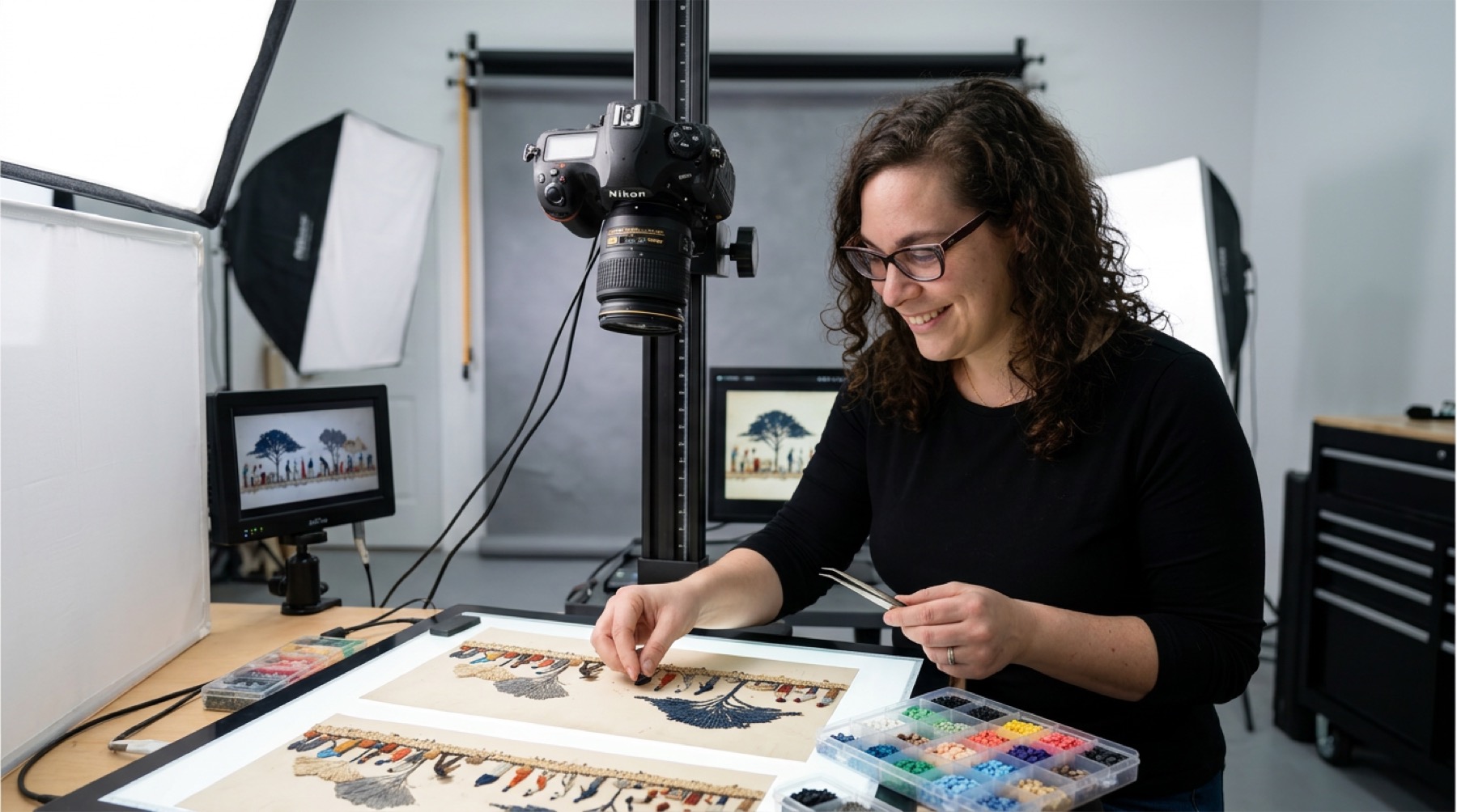 Daniella Koffler placing cut illustrated pieces by hand under a rostrum camera