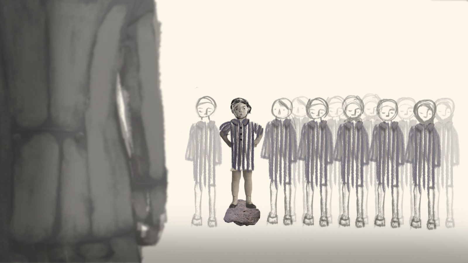 Concept art: a small girl standing on a stone in a line of prisoners at roll call