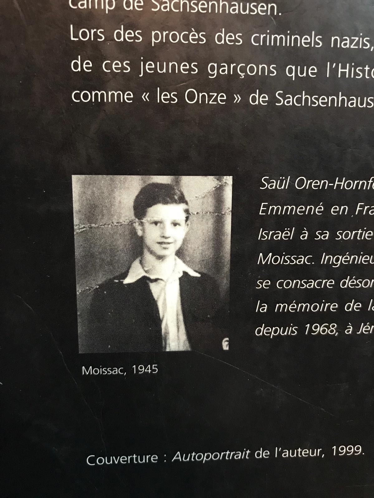A book page showing a portrait photograph of Saul Oren-Hornfeld with French text about the eleven of Sachsenhausen