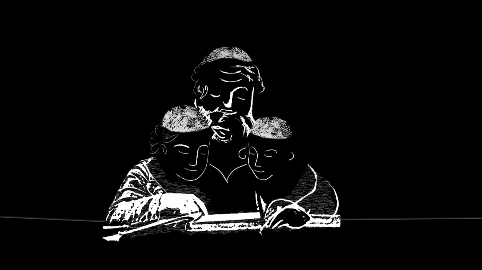 Father and sons at the daily page, in an engraving style