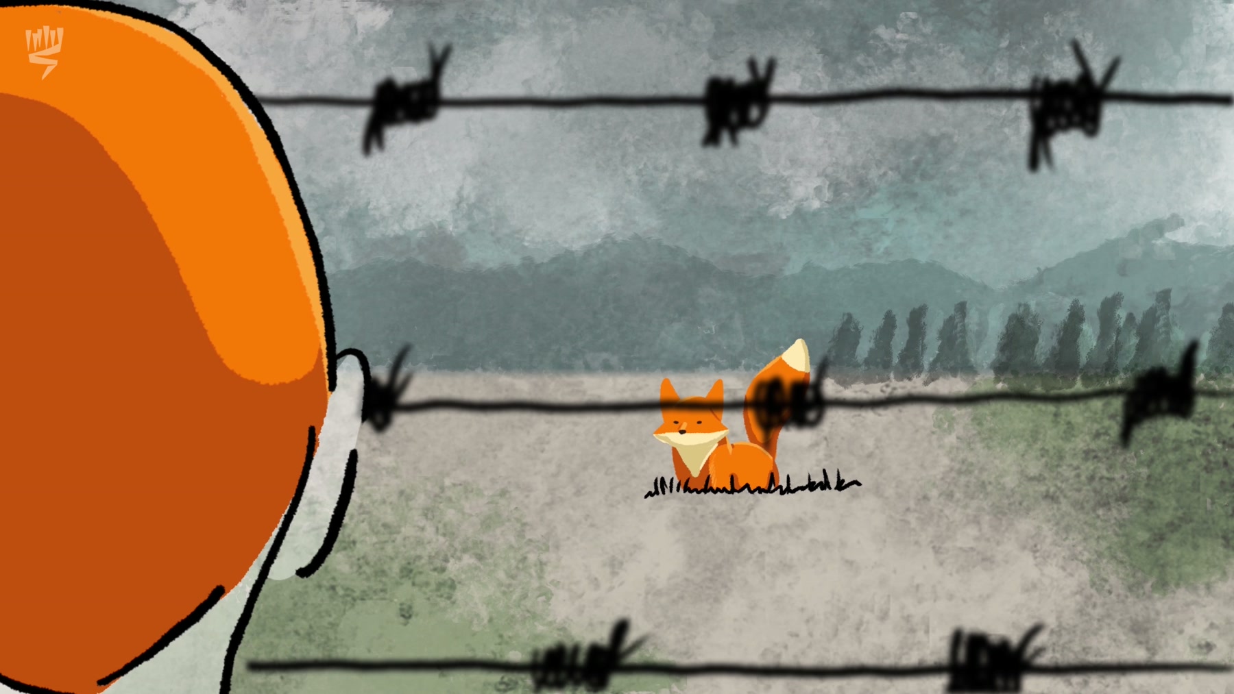 Film still: the girl's face in profile at the barbed wire, the fox small in the snow beyond it