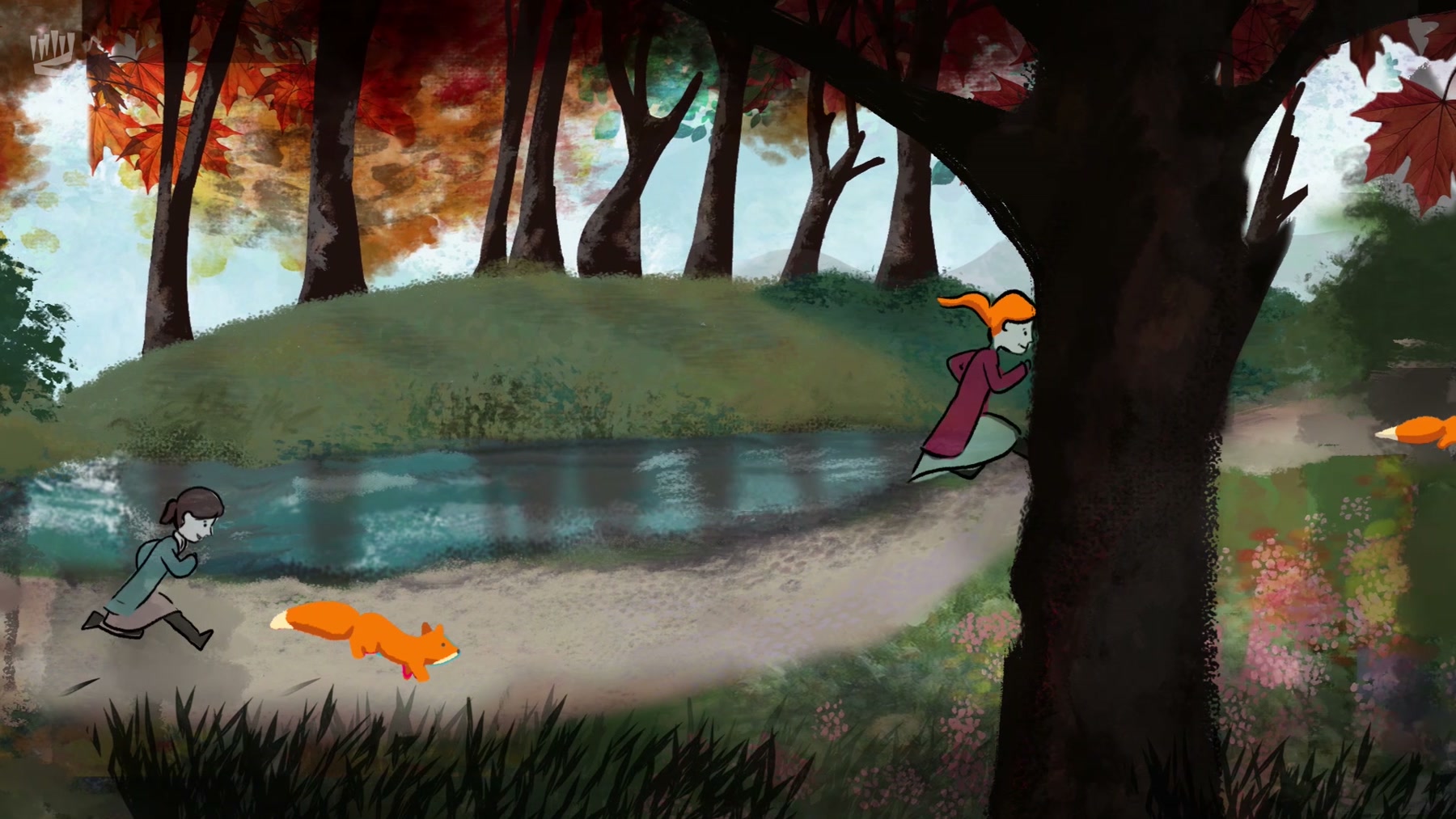 Film still: two sisters running along a river through an autumn wood, the red-haired one ahead, a fox in front of them