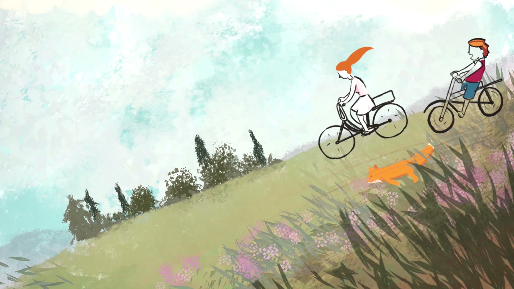 Film still: two tiny figures on bicycles on a flowering hillside, a fox in the foreground